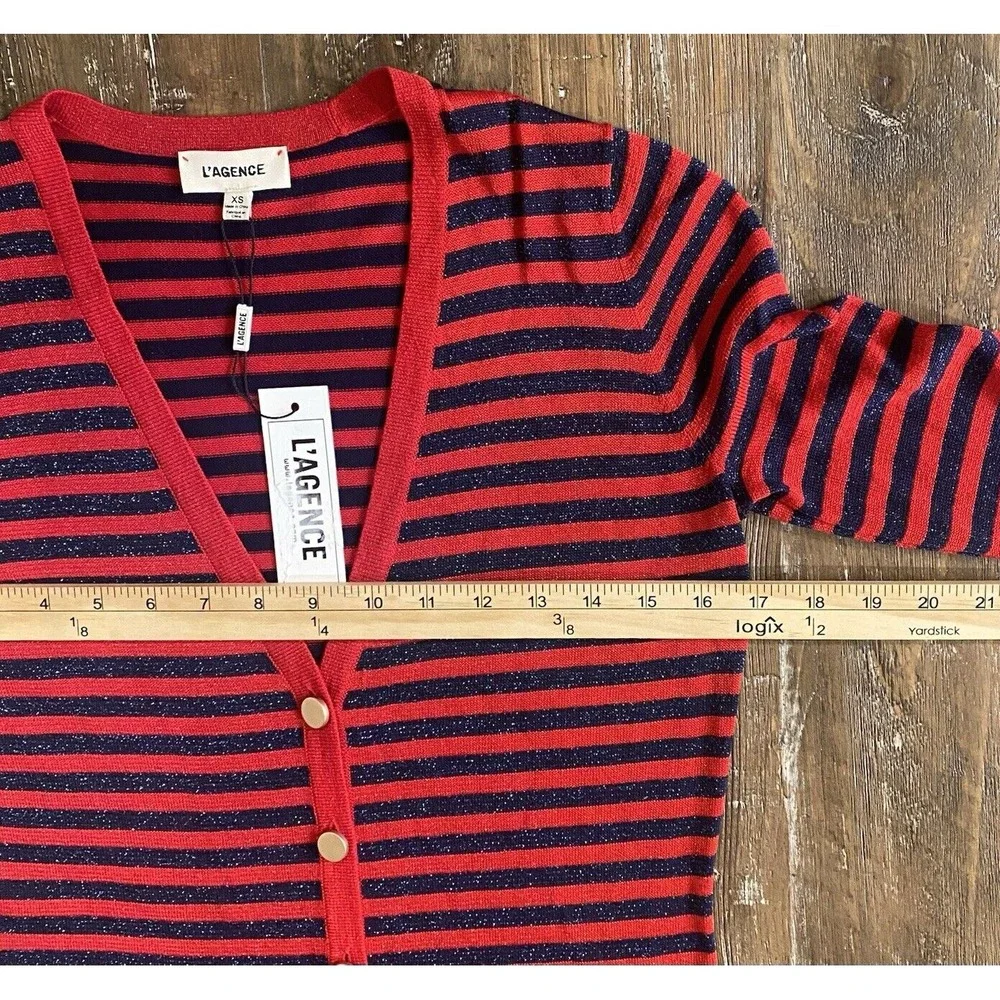 NWT L'AGENCE Cardigan Womens XS Holland Shimmer Red Navy Stripes - Picture 8 of 10